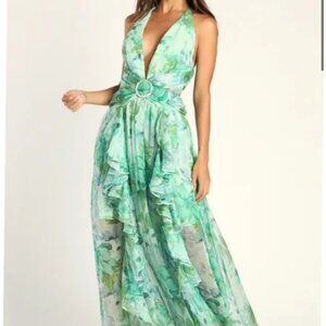 Lulu's Been a Sensation Light Green Floral Print Halter Maxi Dress